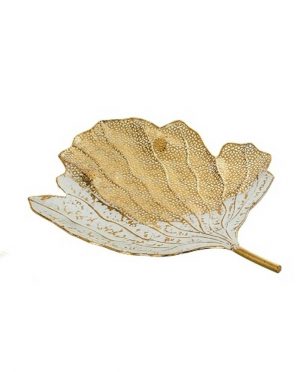 Centrotavola Foglia di Design in Metallo Oro e Bianco