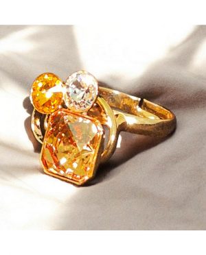Anello Regolabile Gold con Trio di Cristalli Ambra e Champagne