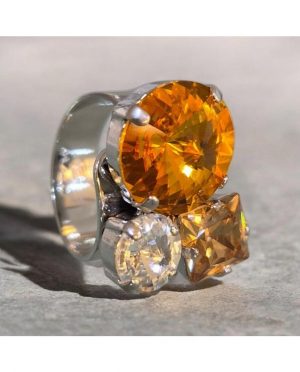 Anello Cocktail Regolabile Anallergico con Cristalli Ambra e Trasparent