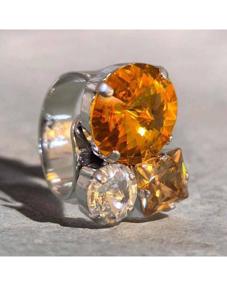 Anello Cocktail Regolabile Anallergico con Cristalli Ambra e Trasparent
